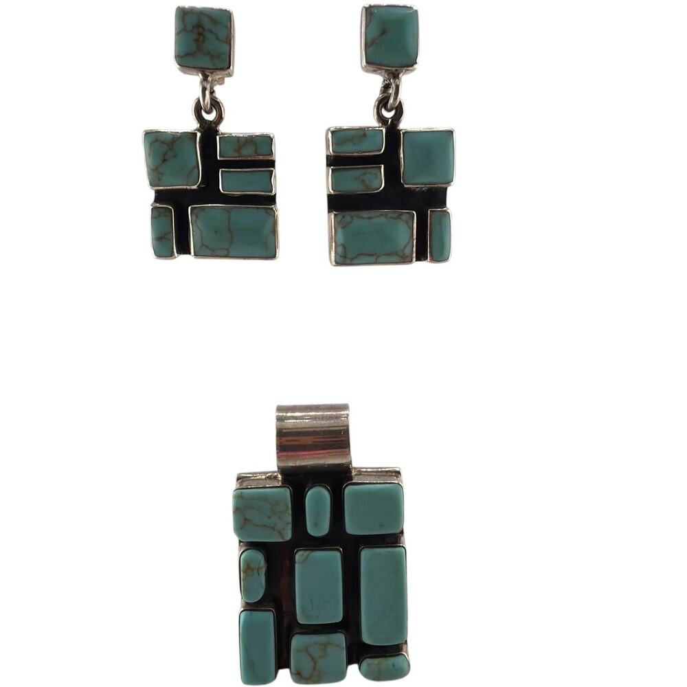 Vintage Mexican Sterling Silver Turquoise Geometric Mosaic Pendant,Earring Set